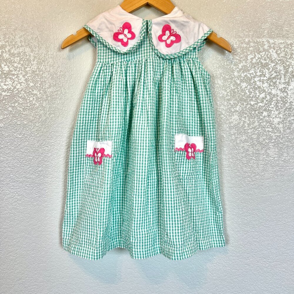 Vintage 80s 90s Green White Gingham Sleeveless Dress Butterfly Embroidery Size 6